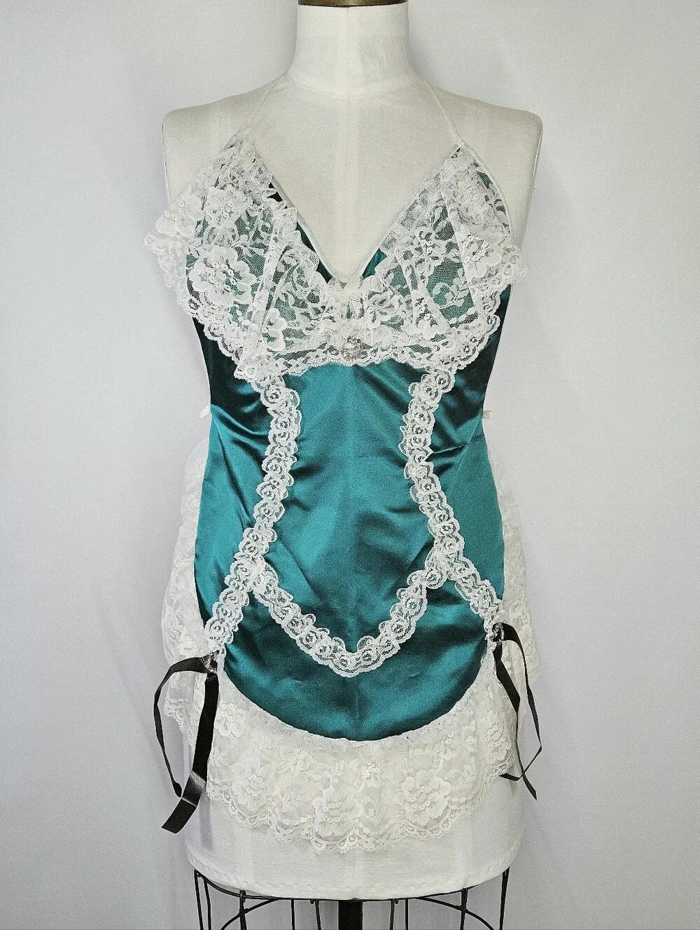 Lingerie Apron XS-XL OS Vintage 80s Novelty Satin Lace Tie Emerald Green White - Picture 1 of 6